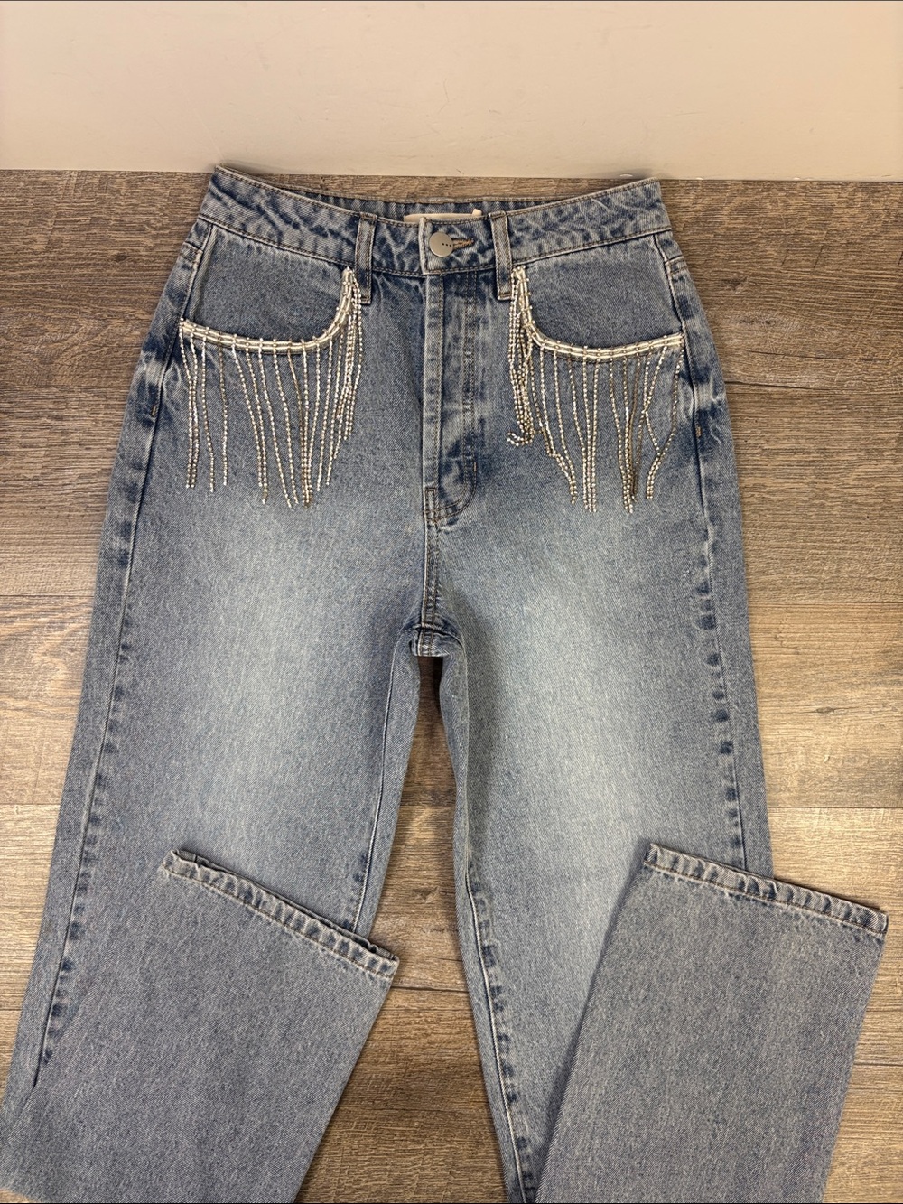 TGLA Rhinestone Fringe Pocket Straight Leg Jeans Light Wash Button Fly Size 25
